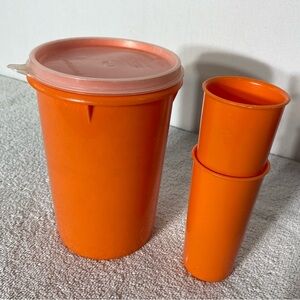 Vintage Tupperware Orange Handolier Plastic Storage  Canister W Lid & 2 Cups Set